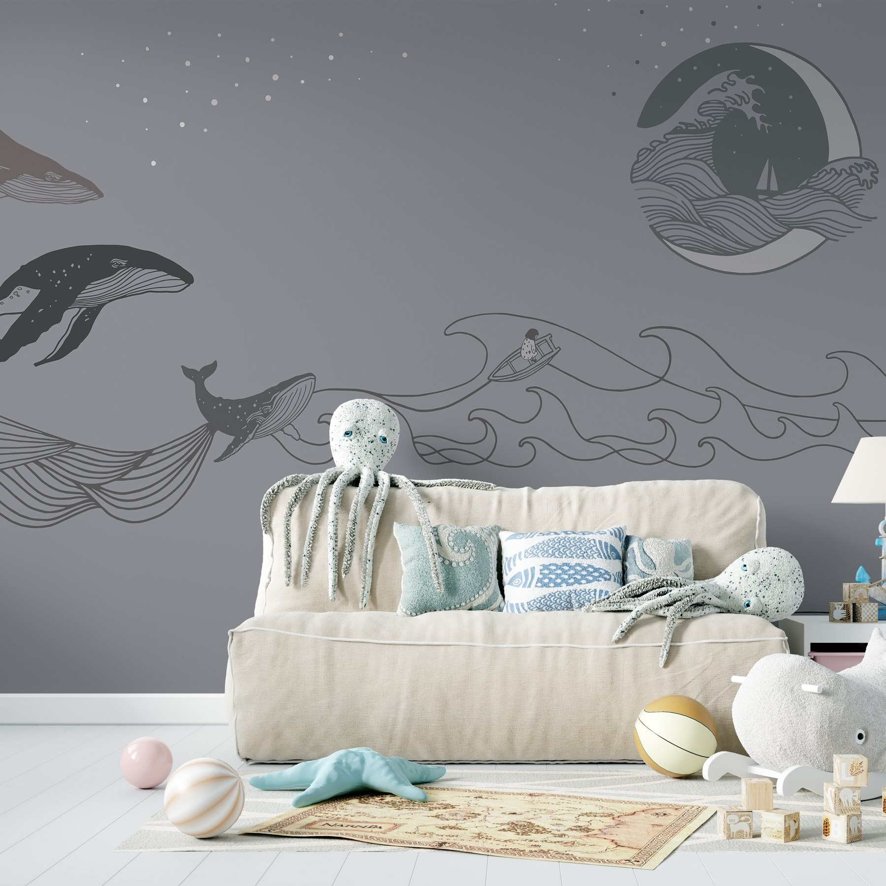 Whale drawing on a grey background