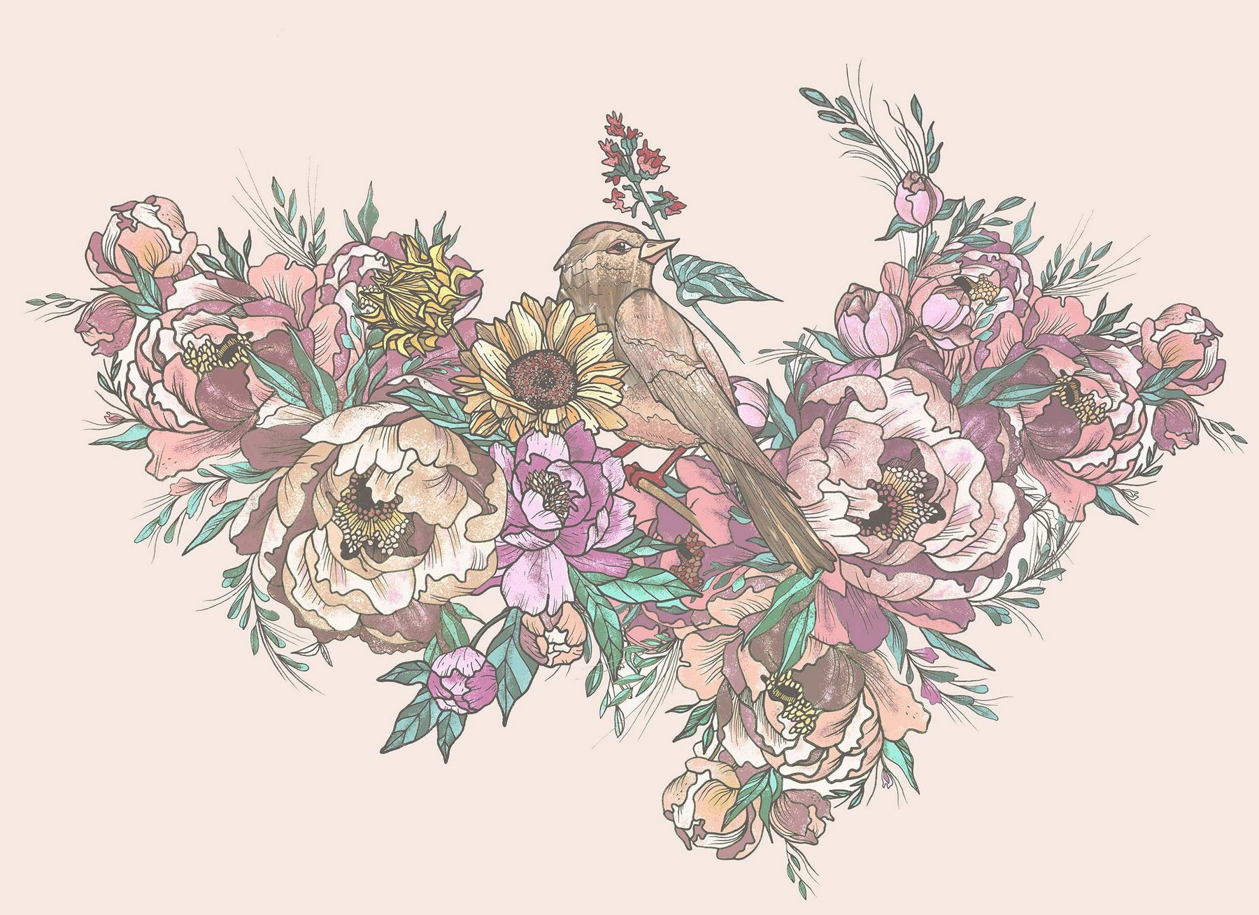 Bird sitting on a bouquet of flowers