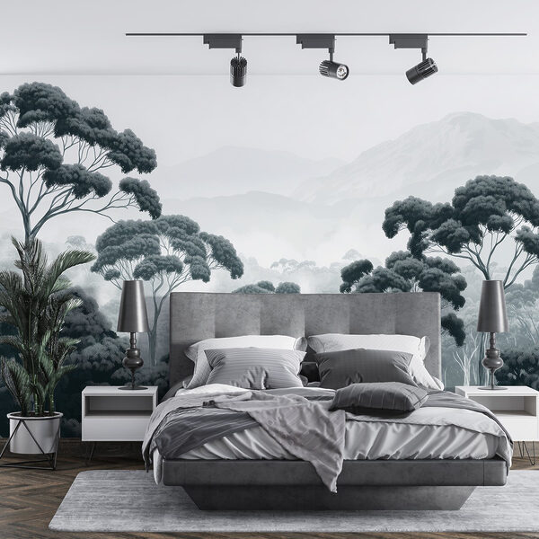 Ταπετσαρίες Δάσος με δέντρα και βουνά στο φόντο