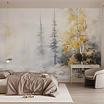 Ταπετσαρίες Ακουαρέλα ζωγραφικής ενός ποταμού με δέντρα και χιόνι