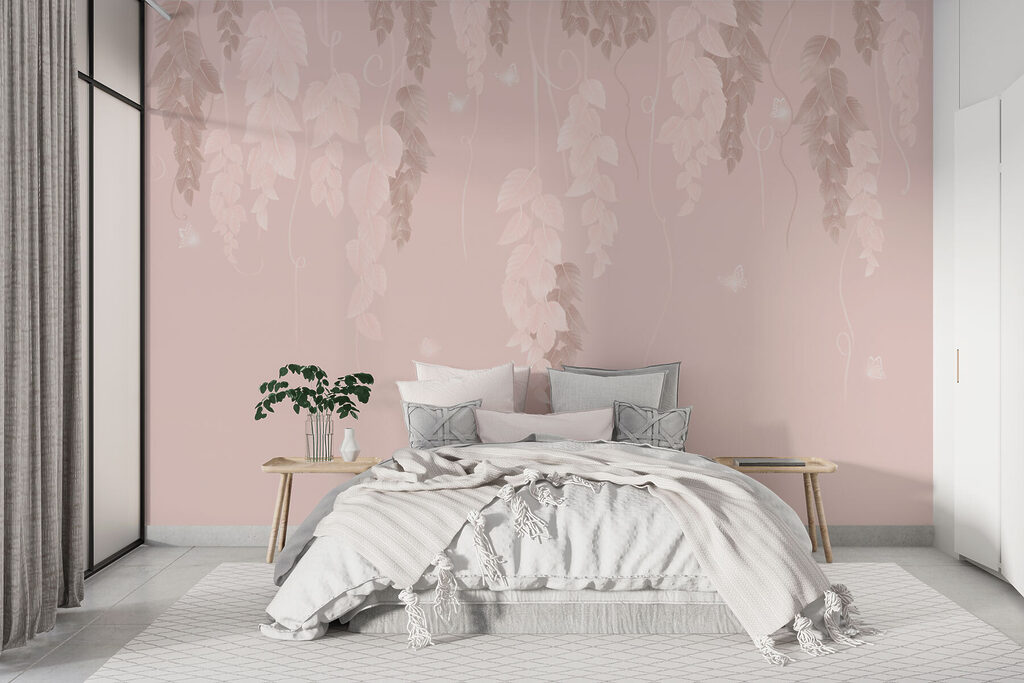 Pink and white background with leaves and butterflies