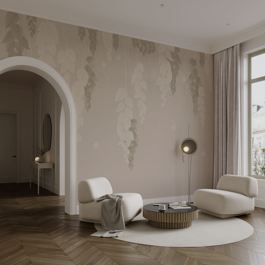 Wallpaper with leaves and butterflies