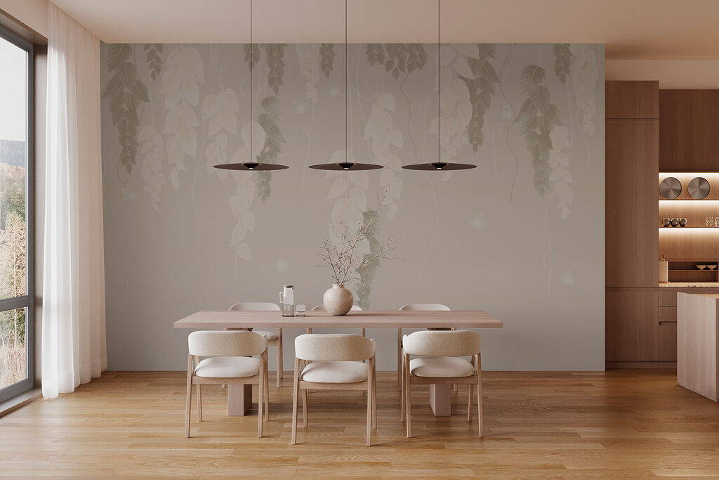 Wallpaper with leaves and butterflies