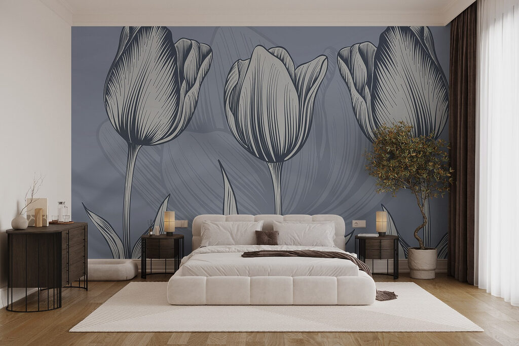 Line of flowers on a blue background