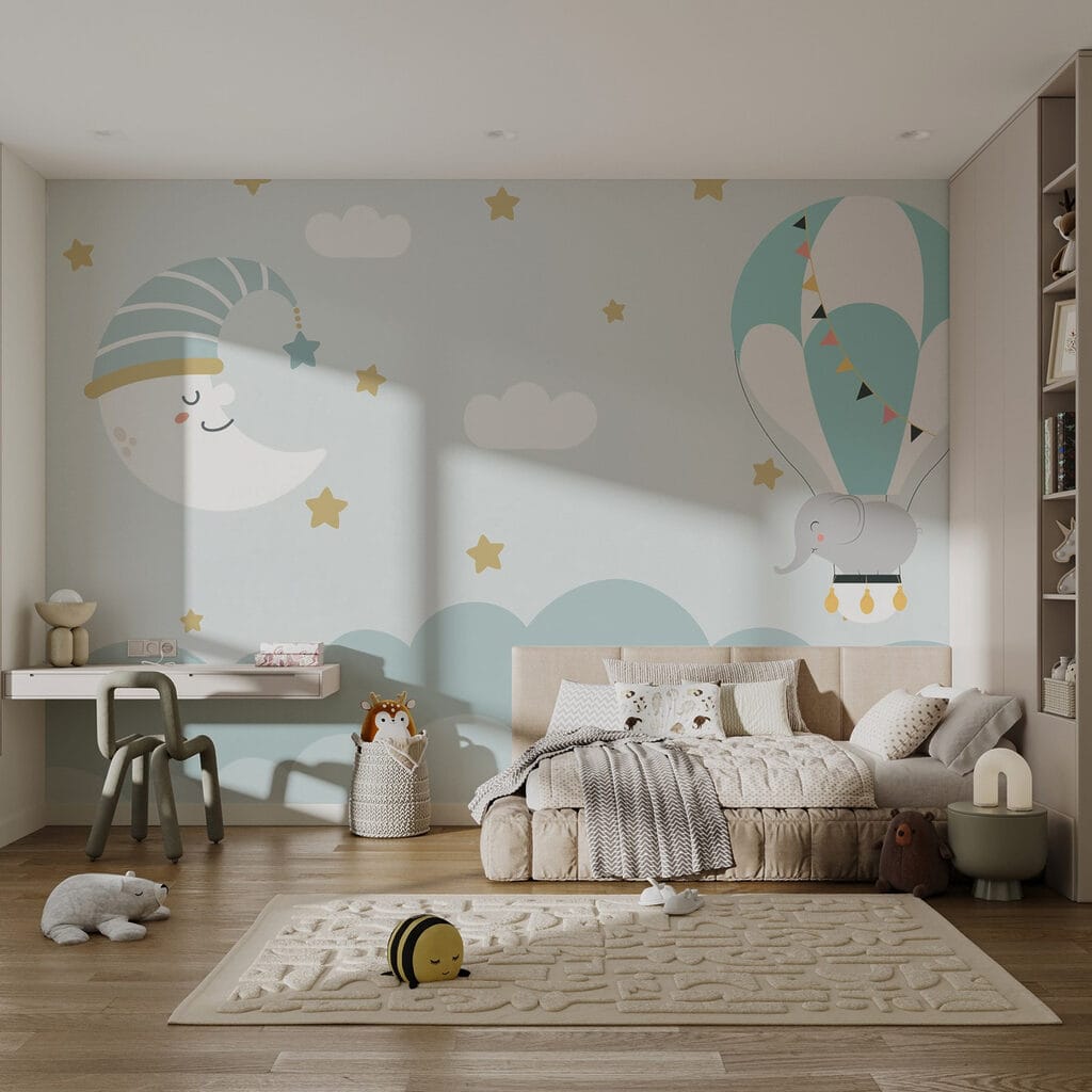 Cartoon elephant and moon in the sky