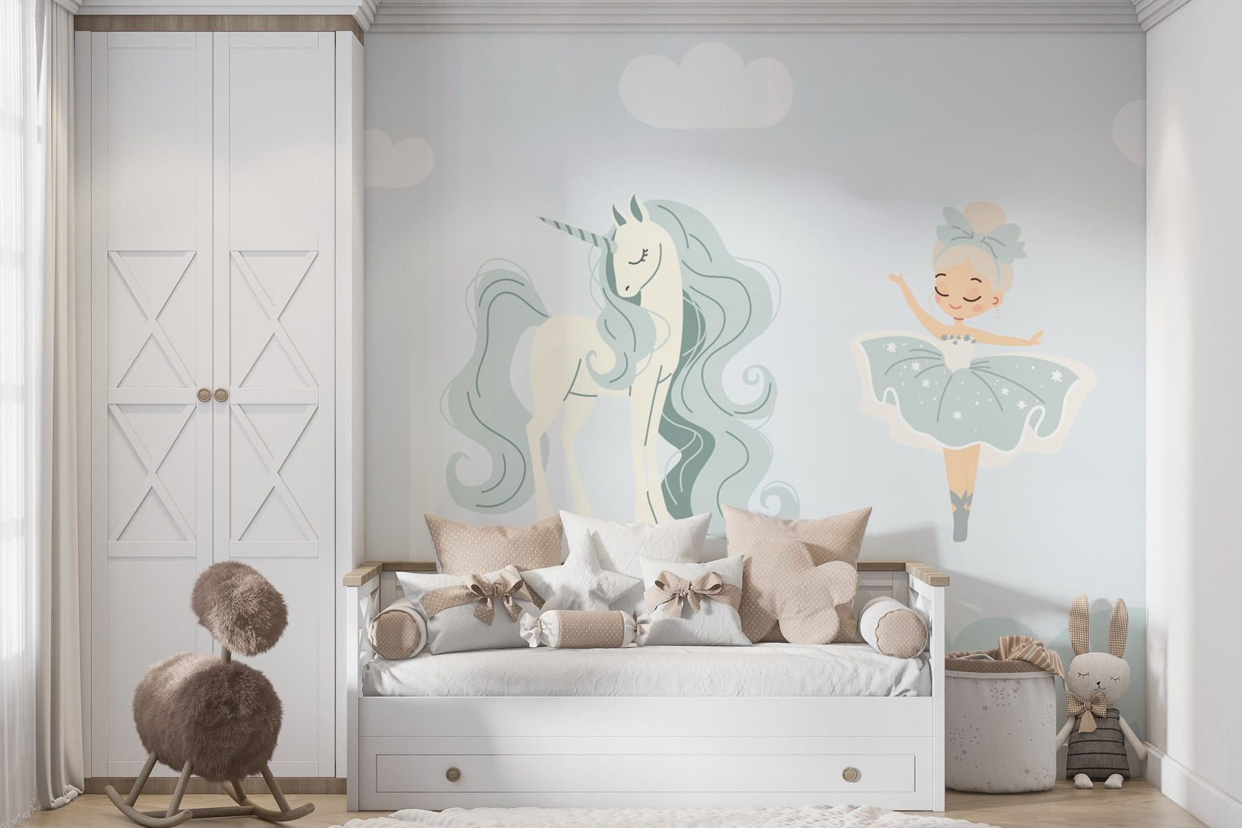 Cartoon of a girl and a unicorn