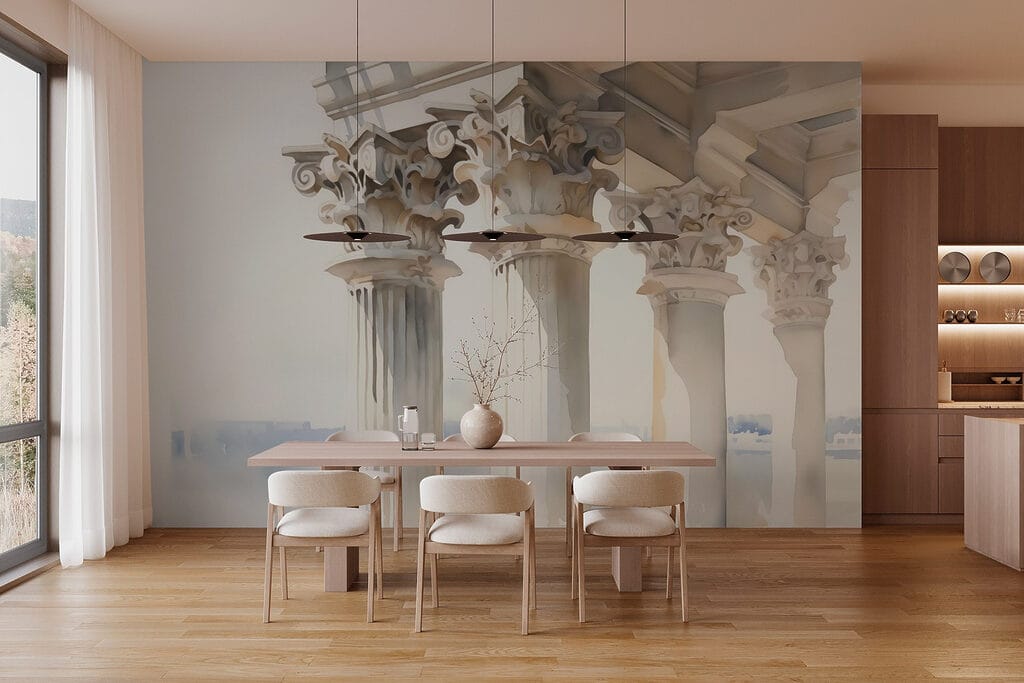 Watercolor painting of a building with pillars