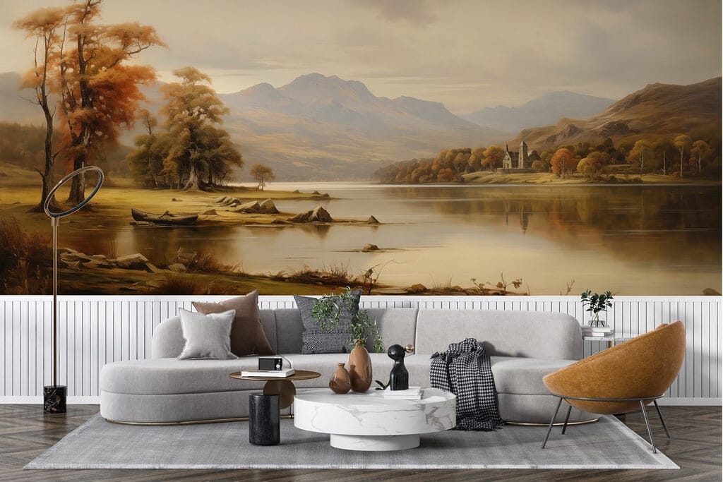 Lake with trees and mountains in the background