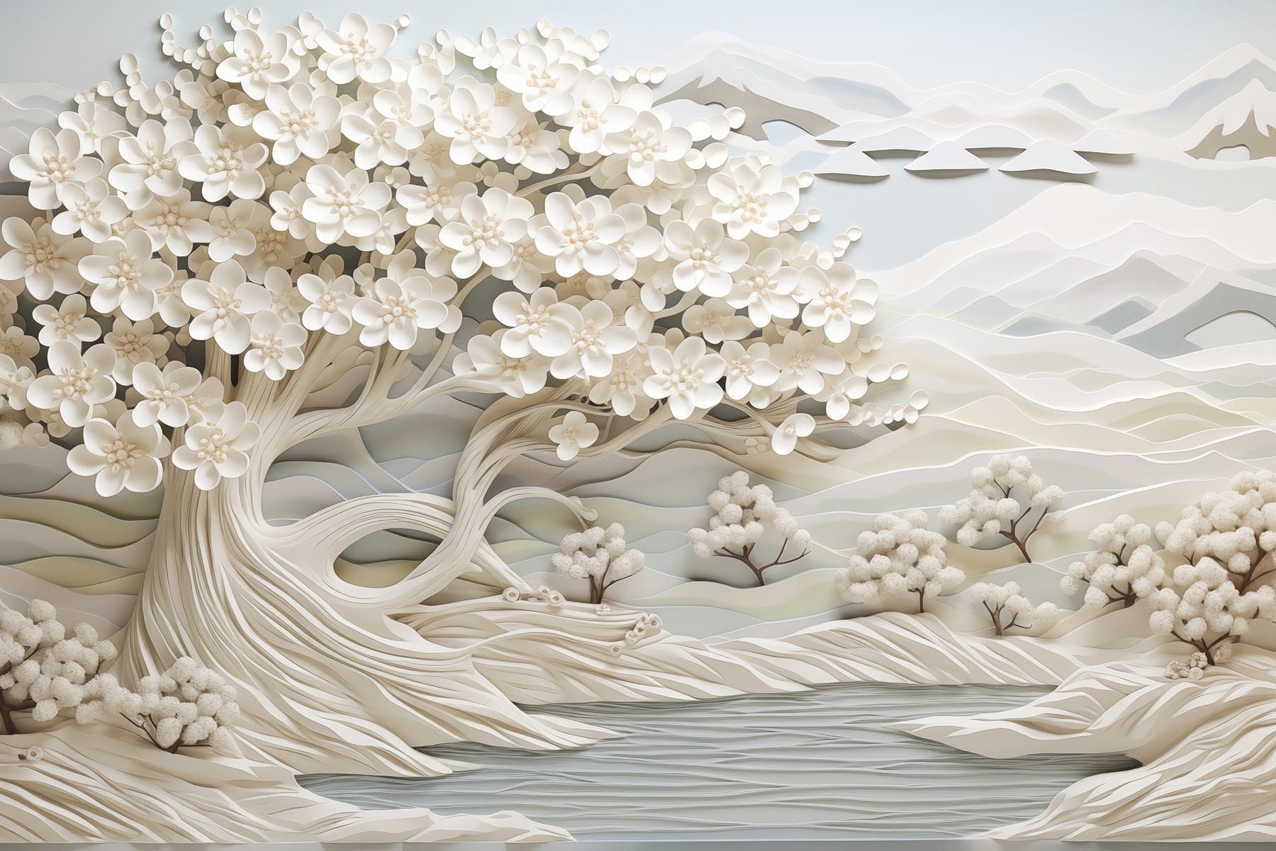 White tree with white flowers and a river White tree with white flowers and a river