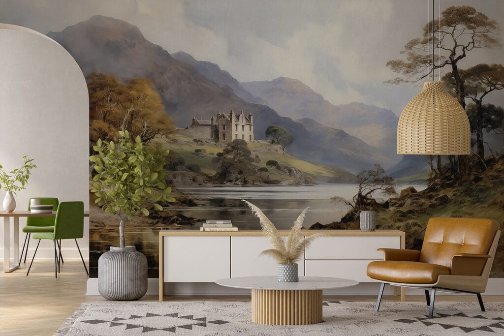 Watercolor painting of a castle on a hill with trees and mountains