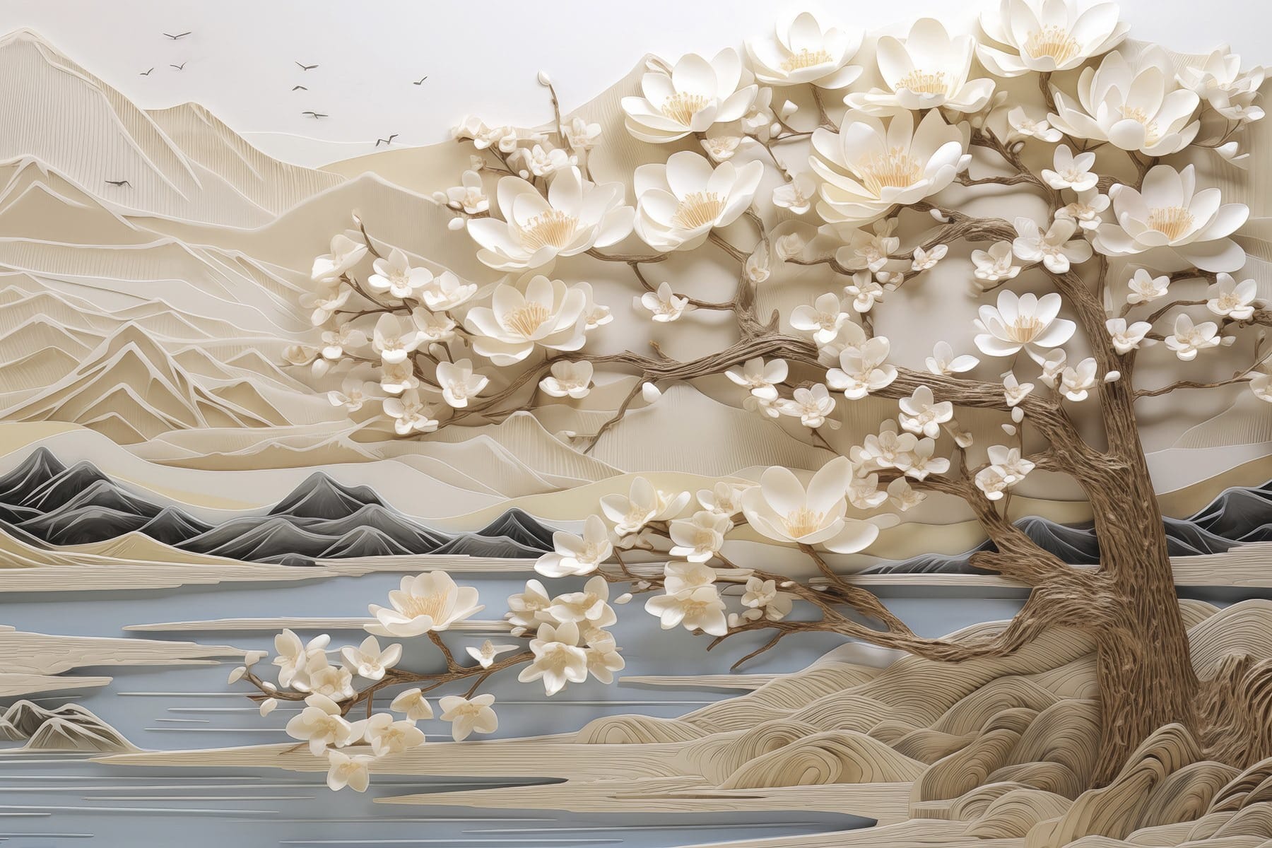 Tree with white flowers and mountains