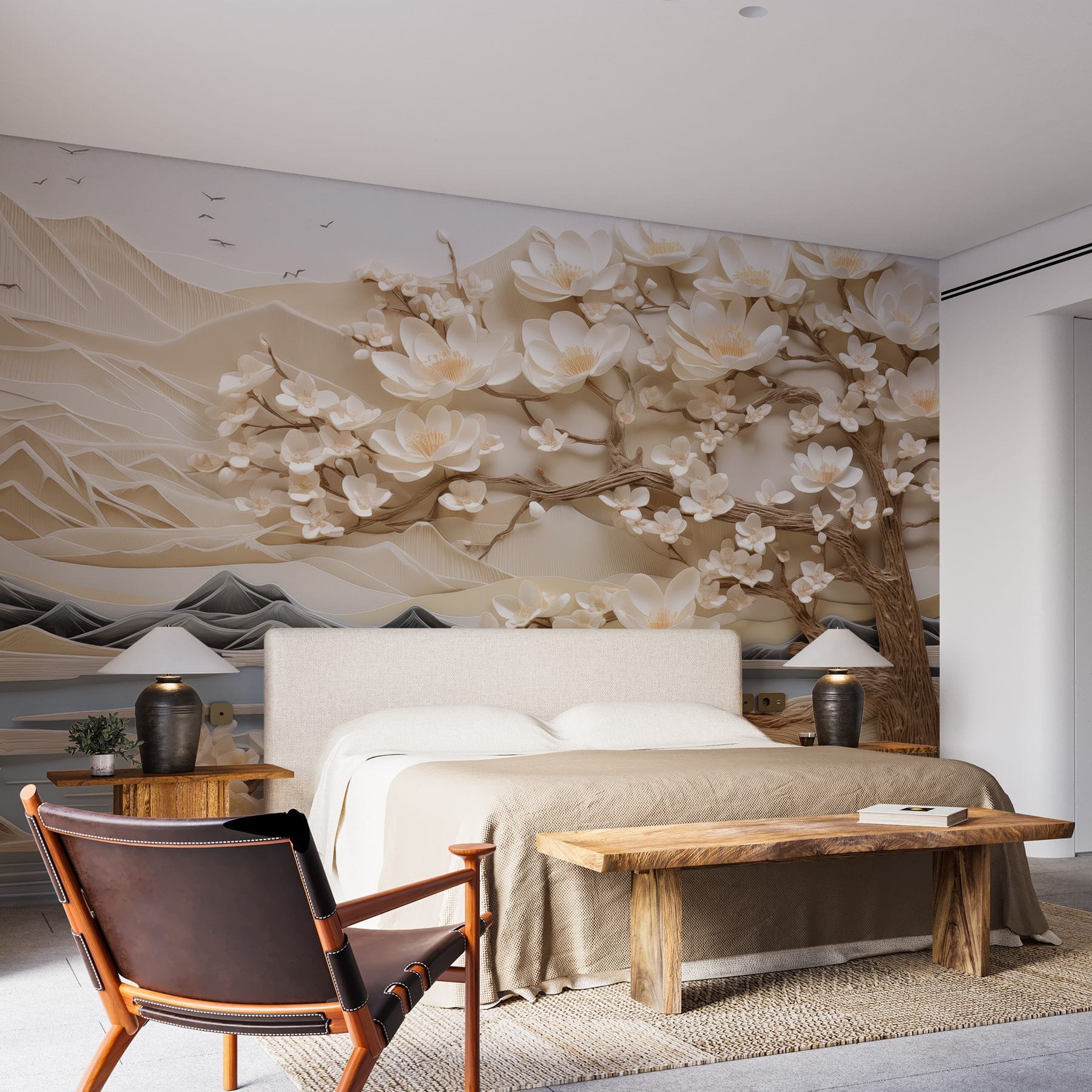 Tree with white flowers and mountains