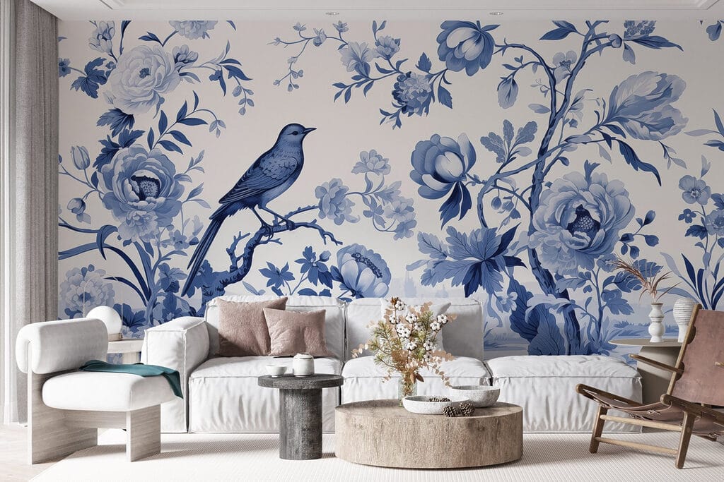 Bird on a tree branch with flowers