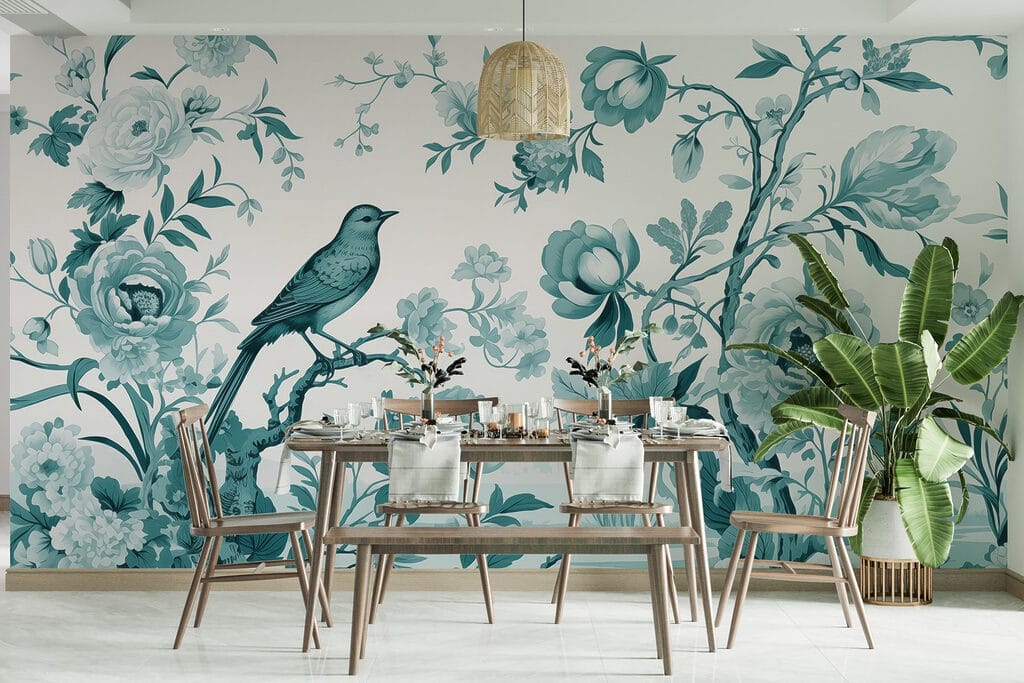 Bird on a tree branch with flowers