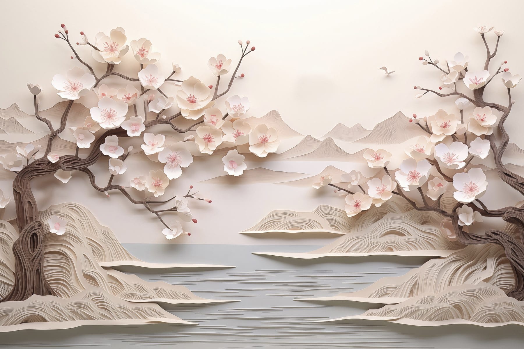 Paper cut out of a tree with flowers and water