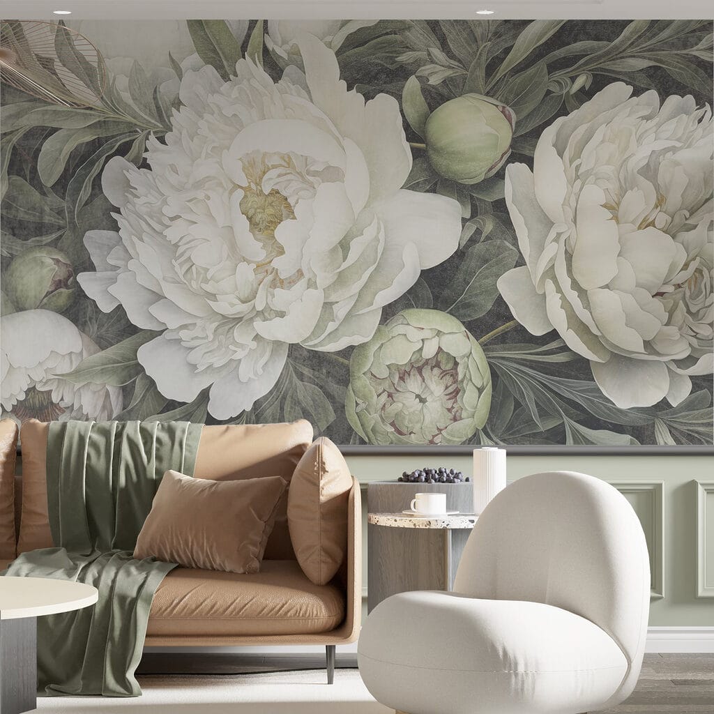 Delicate white peonies in bloom