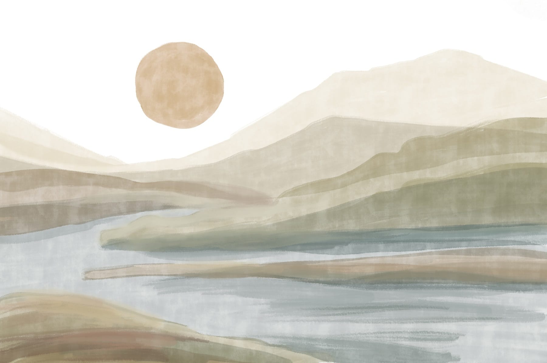 Watercolor painting of a river and mountains