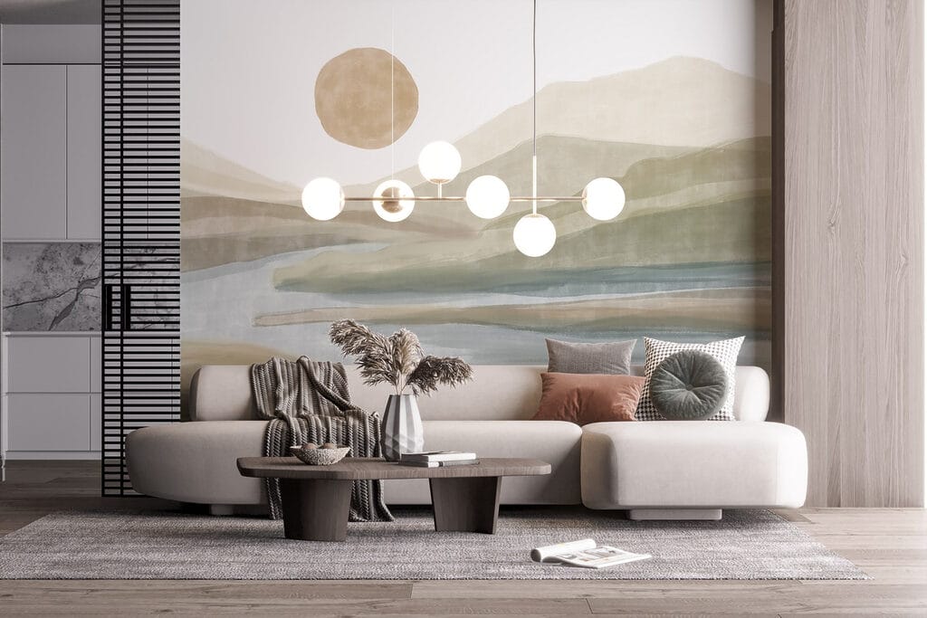 Watercolor painting of a river and mountains