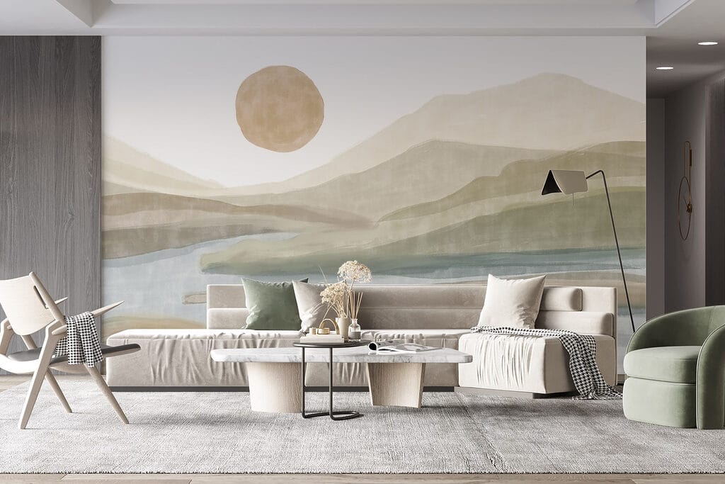 Watercolor painting of a river and mountains