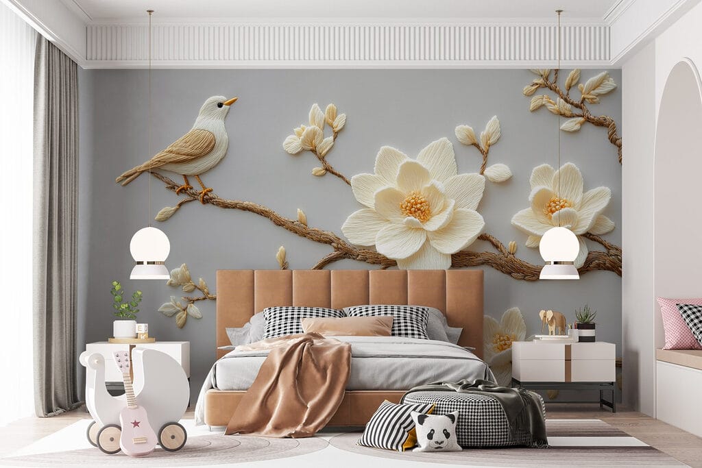 Bird on a branch with flowers