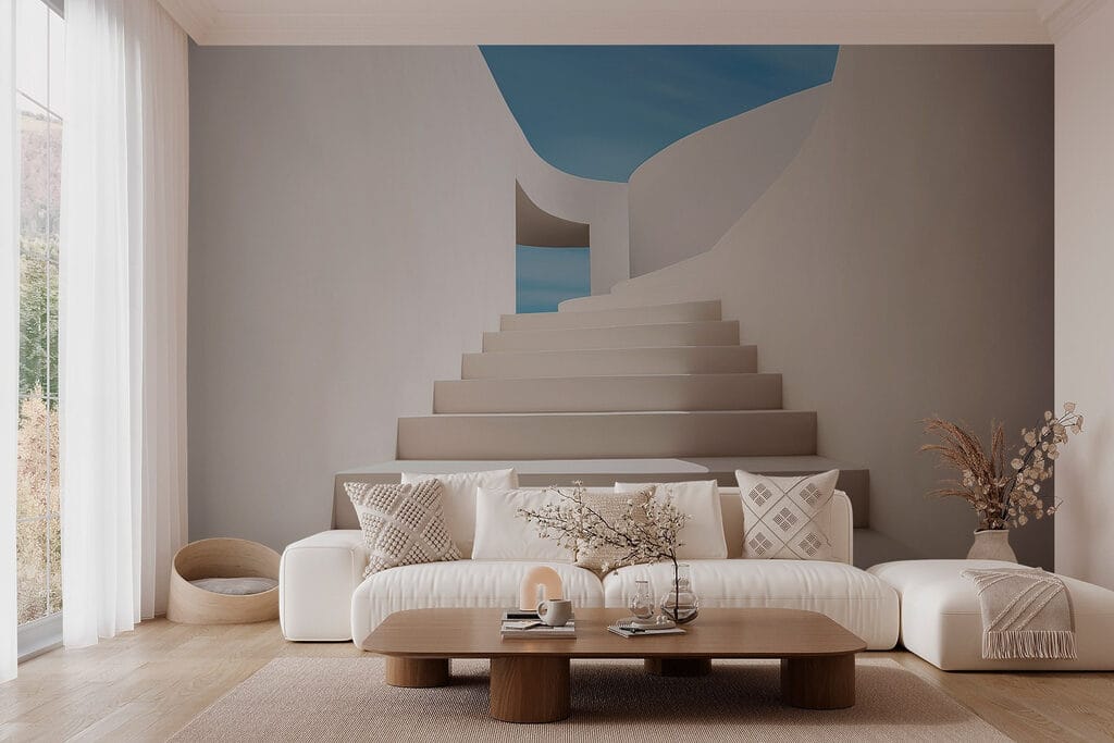 White staircase with a blue sky