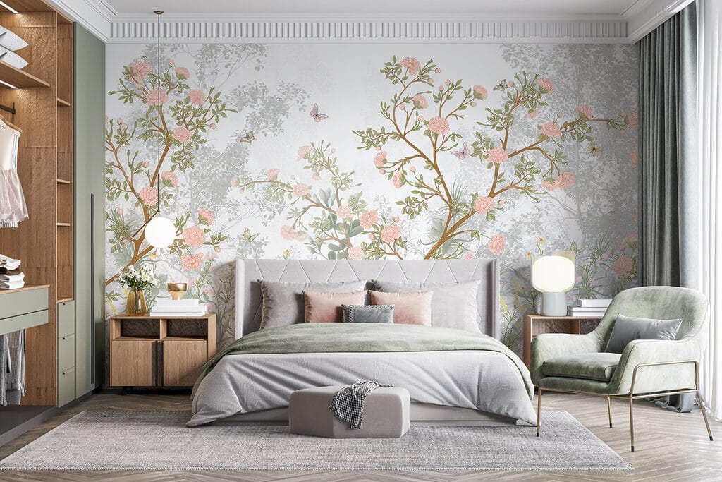 Painting of a tree with flowers and butterflies