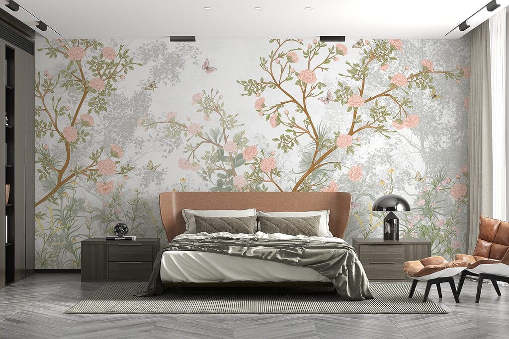 Painting of a tree with flowers and butterflies