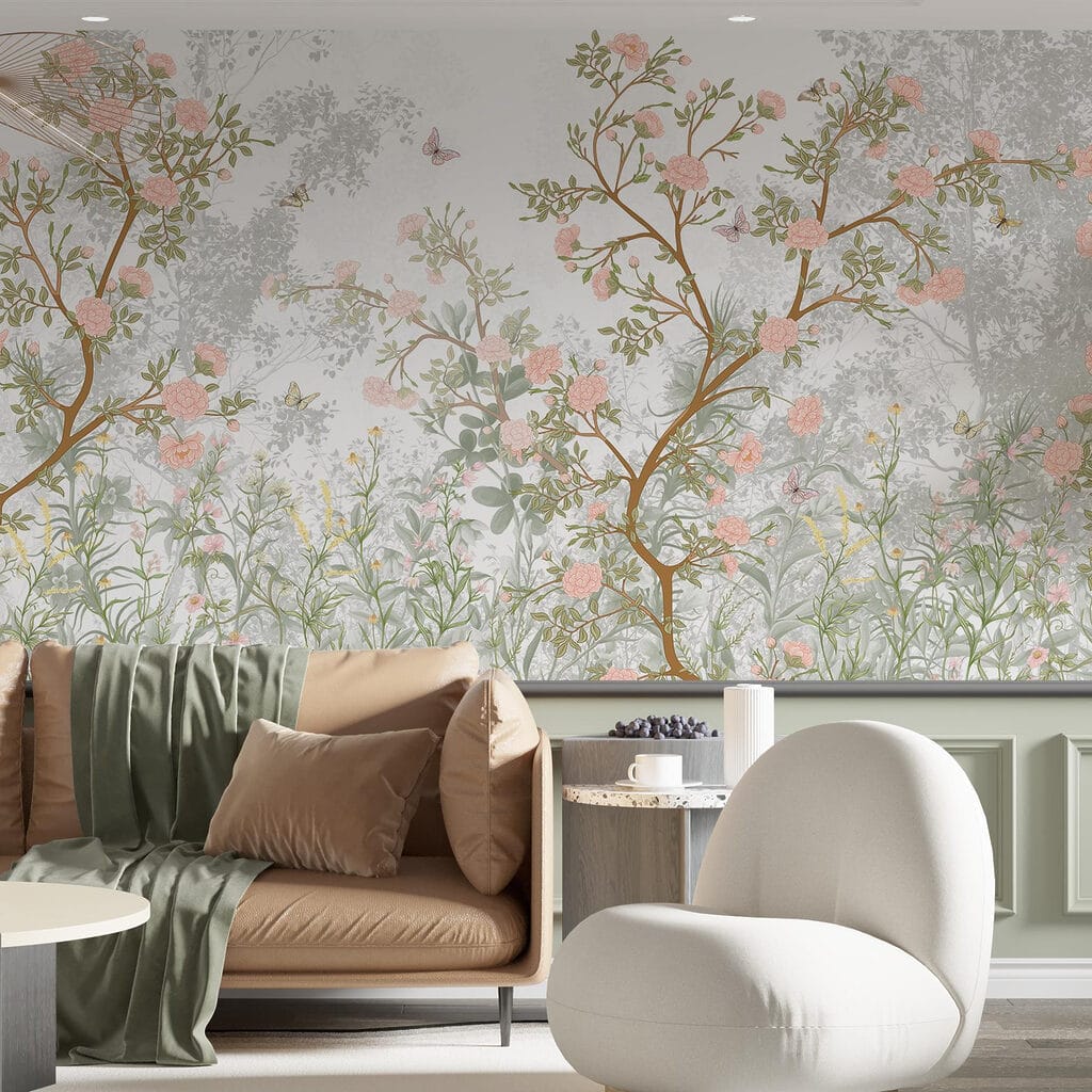 Painting of a tree with flowers and butterflies