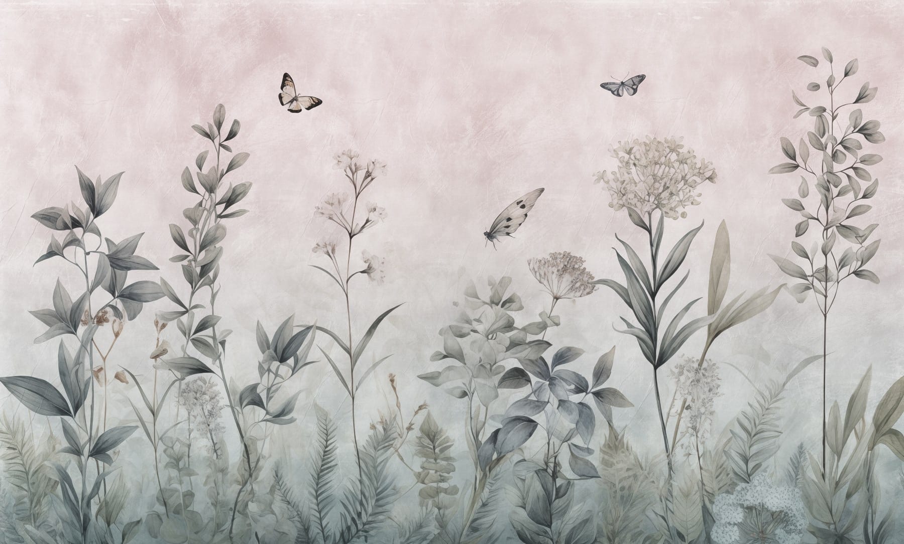 Wallpaper with butterflies and plants