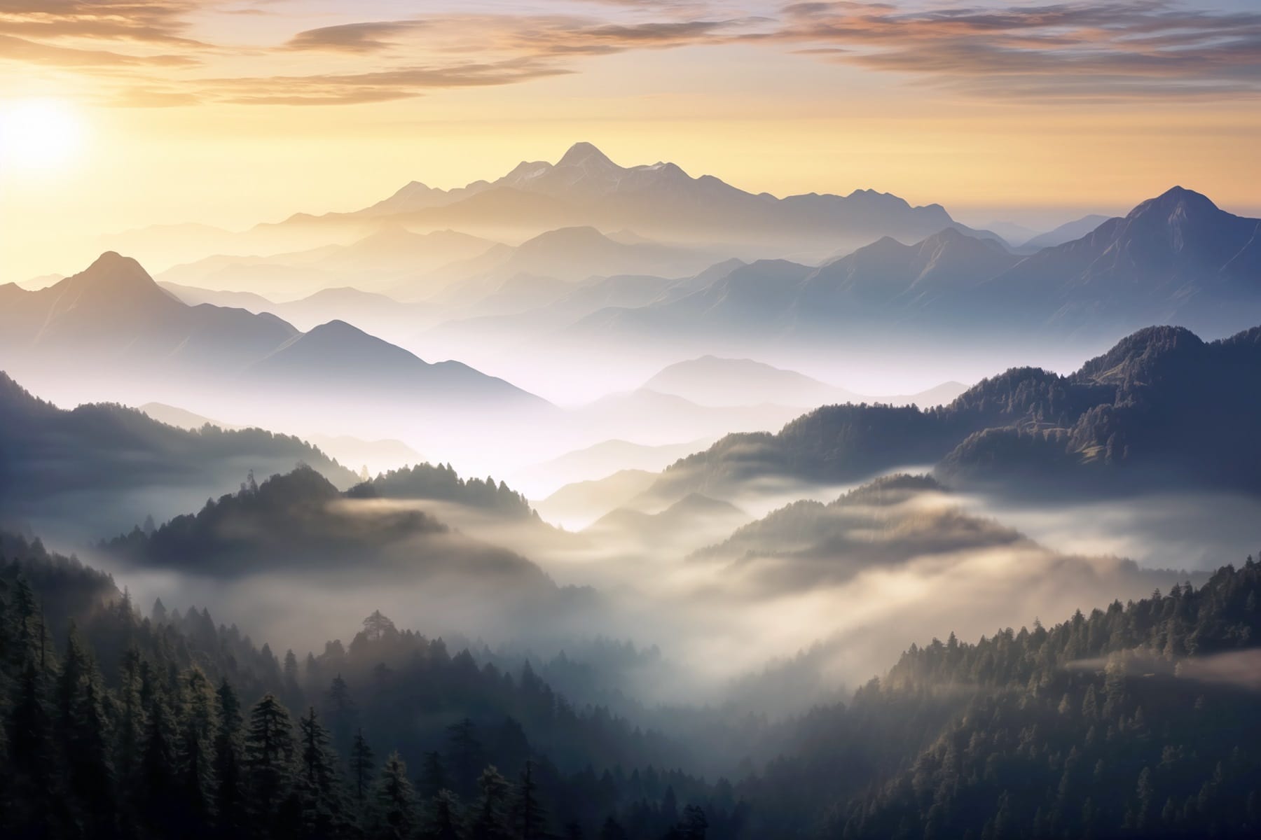 Landscape of mountains with fog and trees