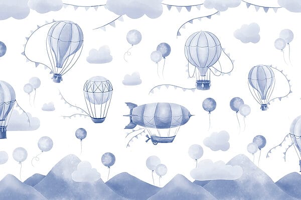 Group of hot air balloons and mountains