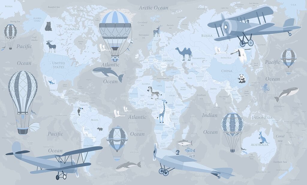Map of the world with different types of airplanes and animals