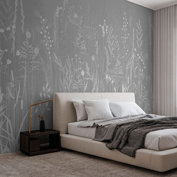 Grey background with grass and flowers