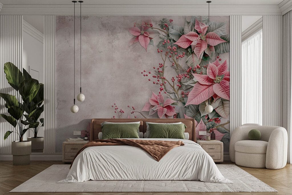 Pink flowers and berries on a white surface