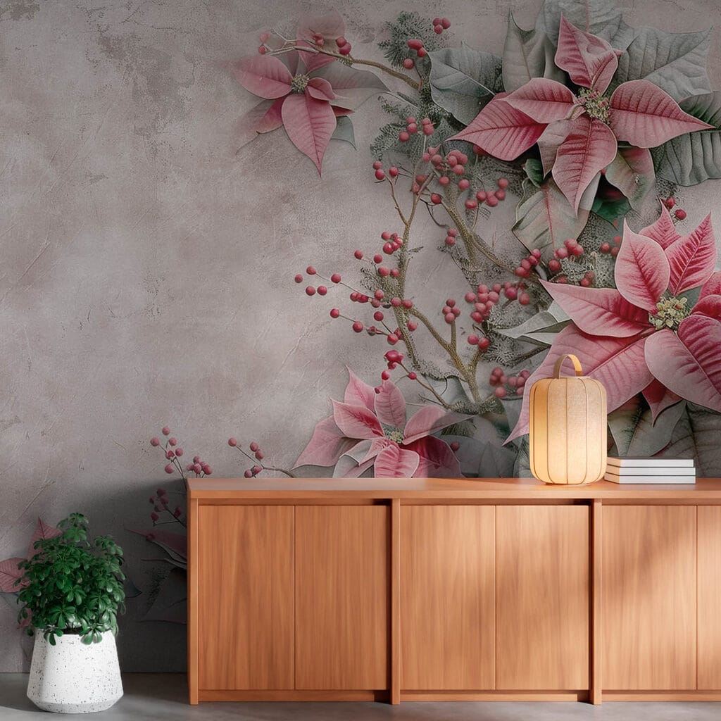 Pink flowers and berries on a white surface