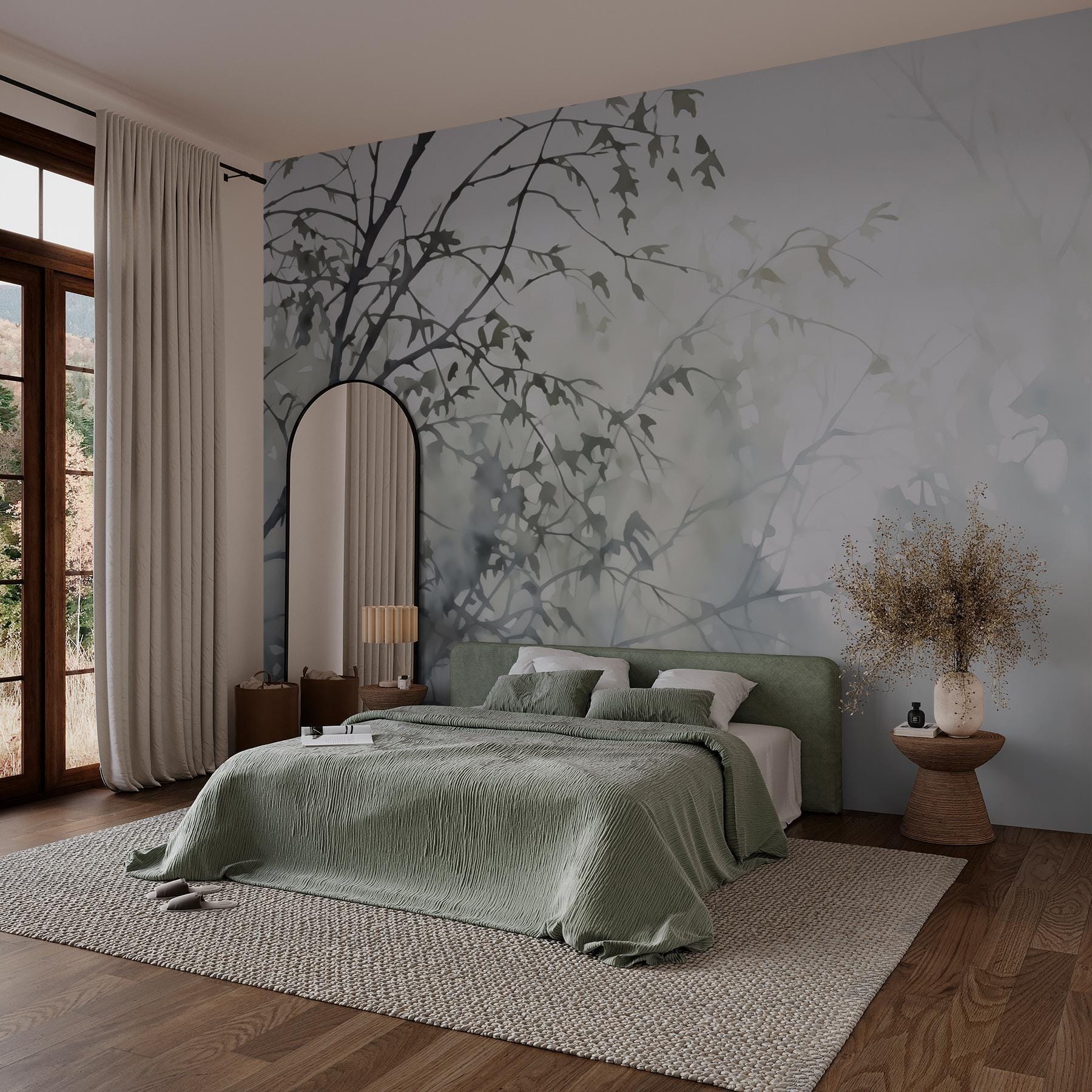 Tree with leaves in fog