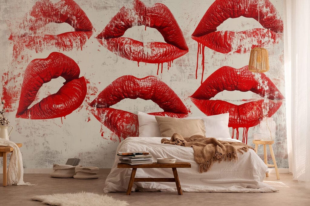 Group of red lips with dripping blood