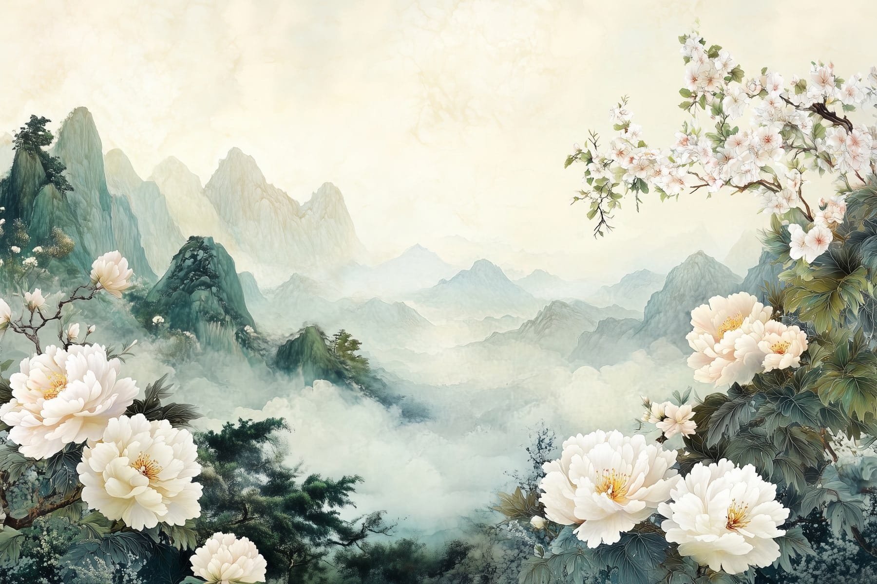 Painting of flowers and mountains