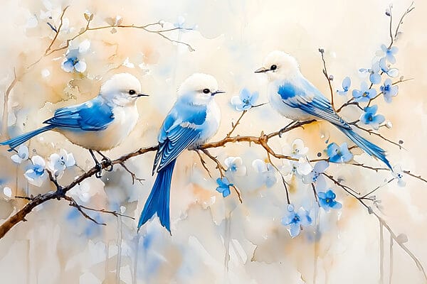 Group of blue birds on a branch