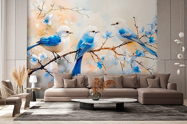 Group of blue birds on a branch