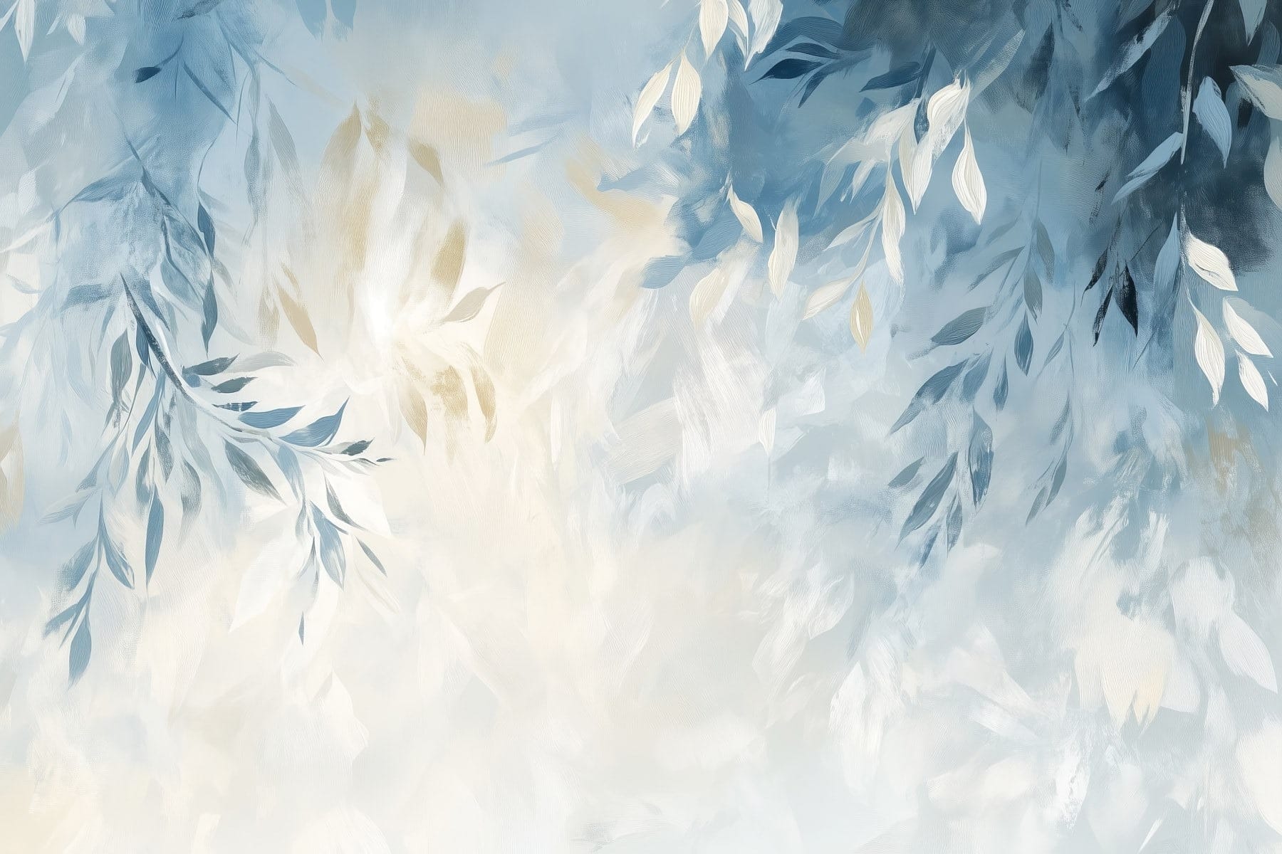 Blue and white background with leaves