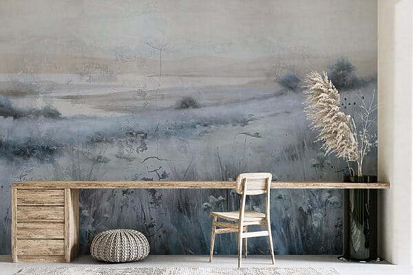 Painting of a field of grass and a river