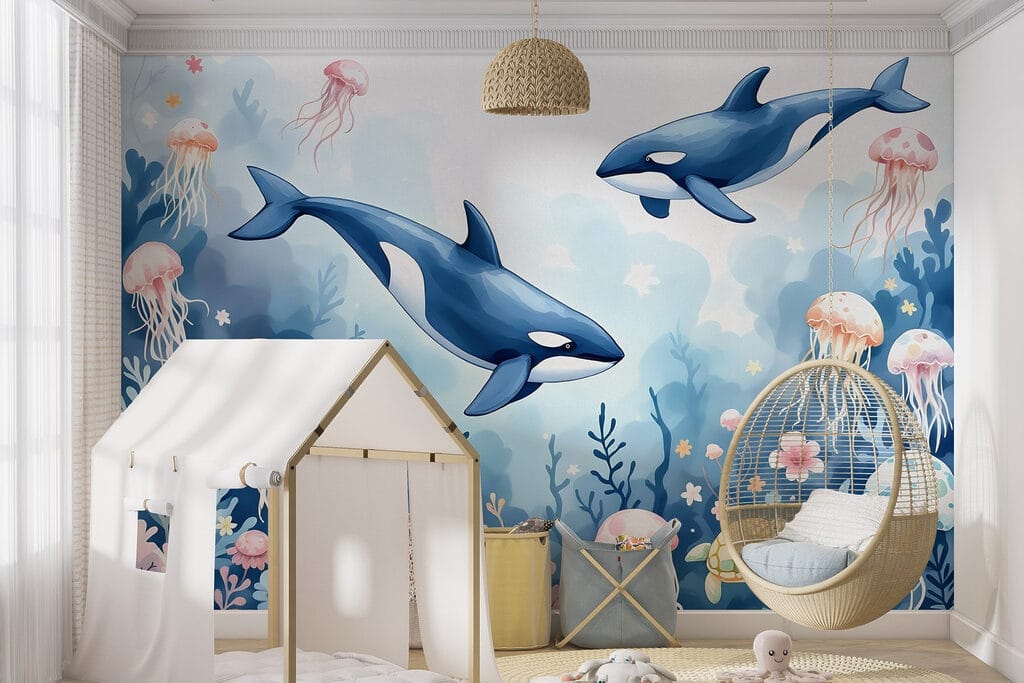 Whale and turtle swimming in the ocean