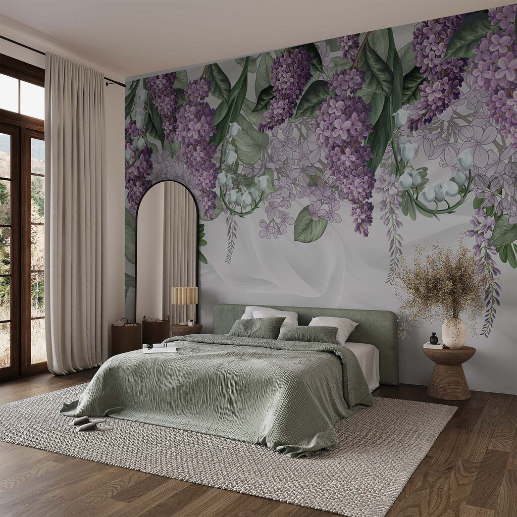 Lavender blooms on soft fabric background