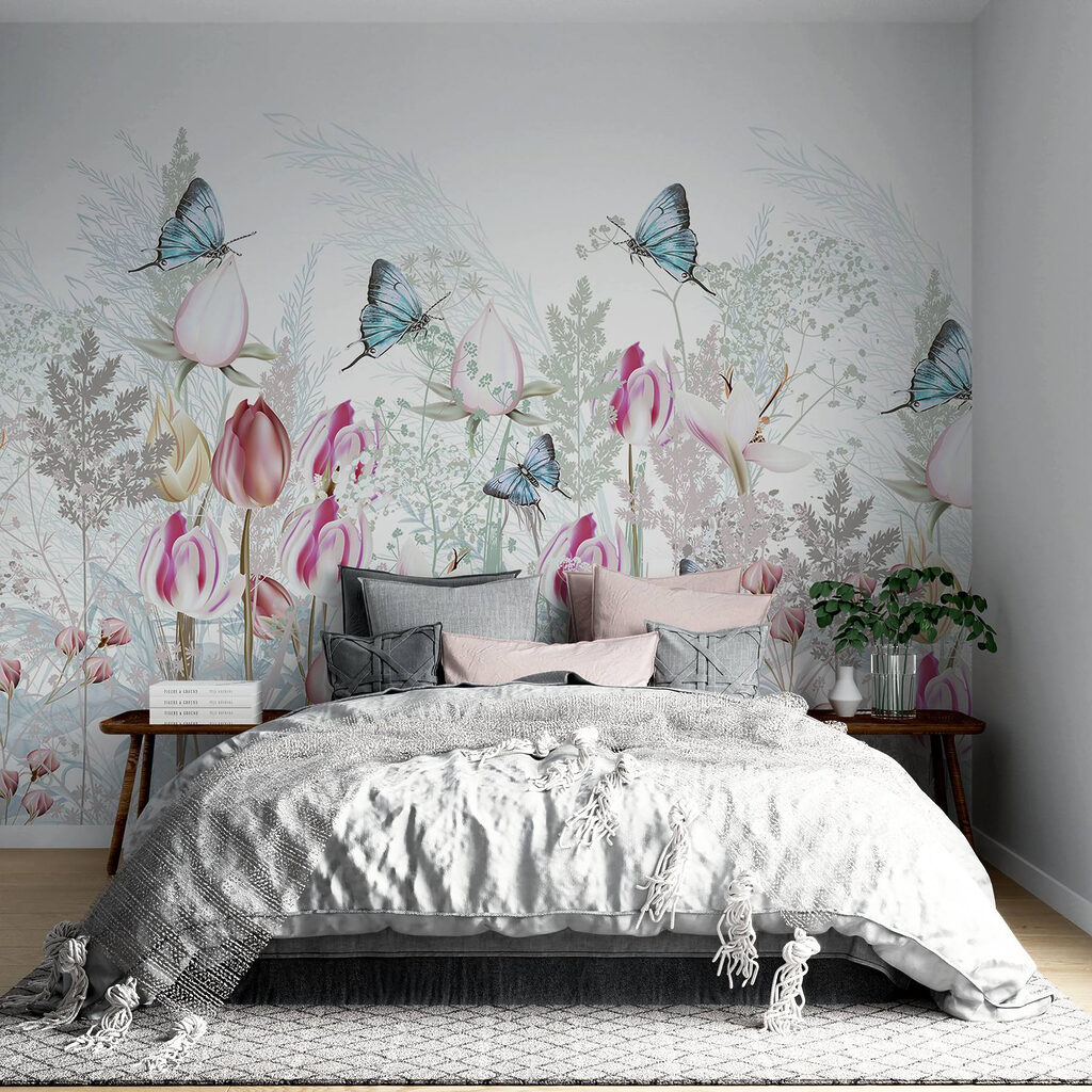 Fluttering butterflies among blooming flowers Fluttering butterflies among blooming flowers