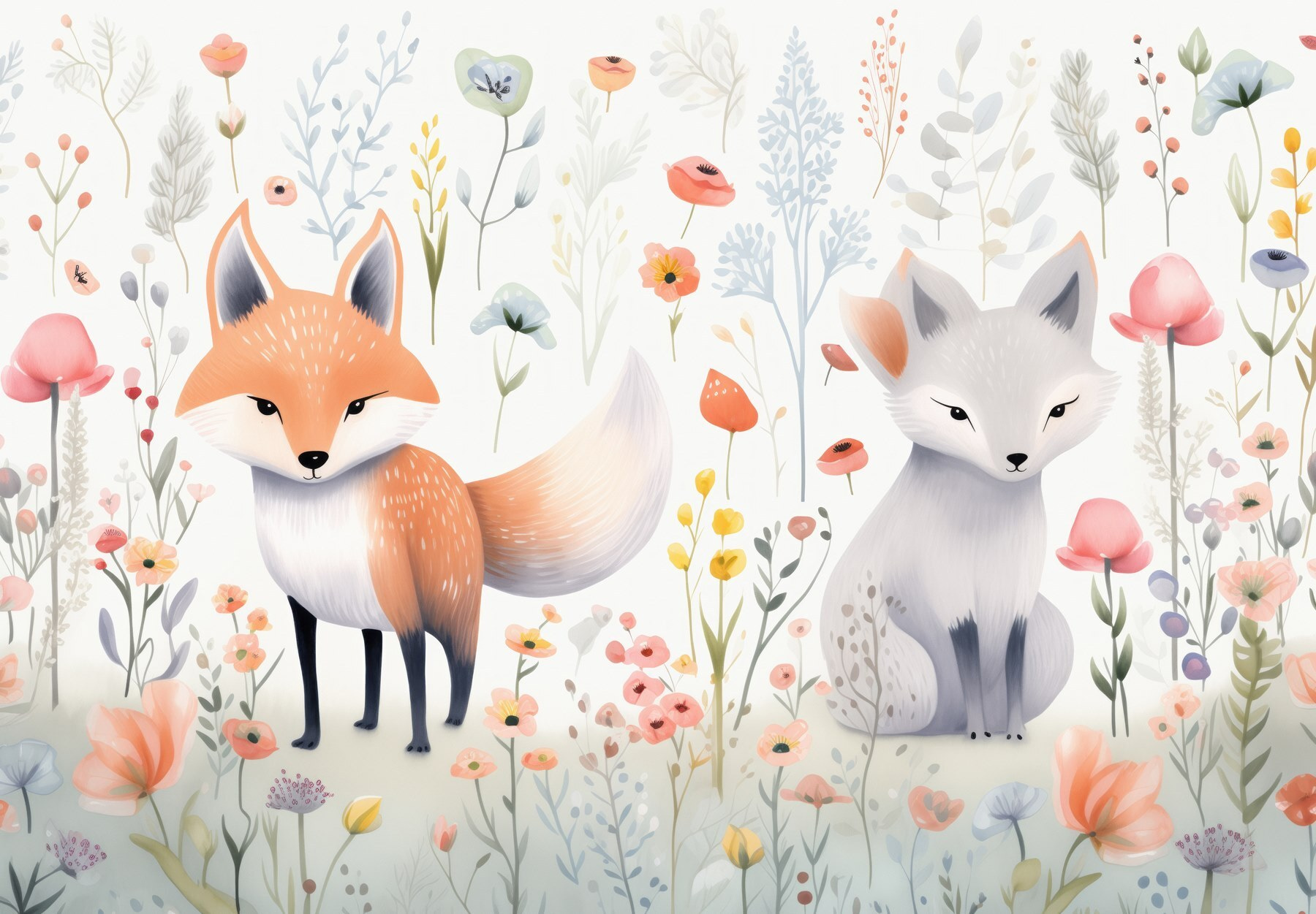 Couple of foxes in a flower garden