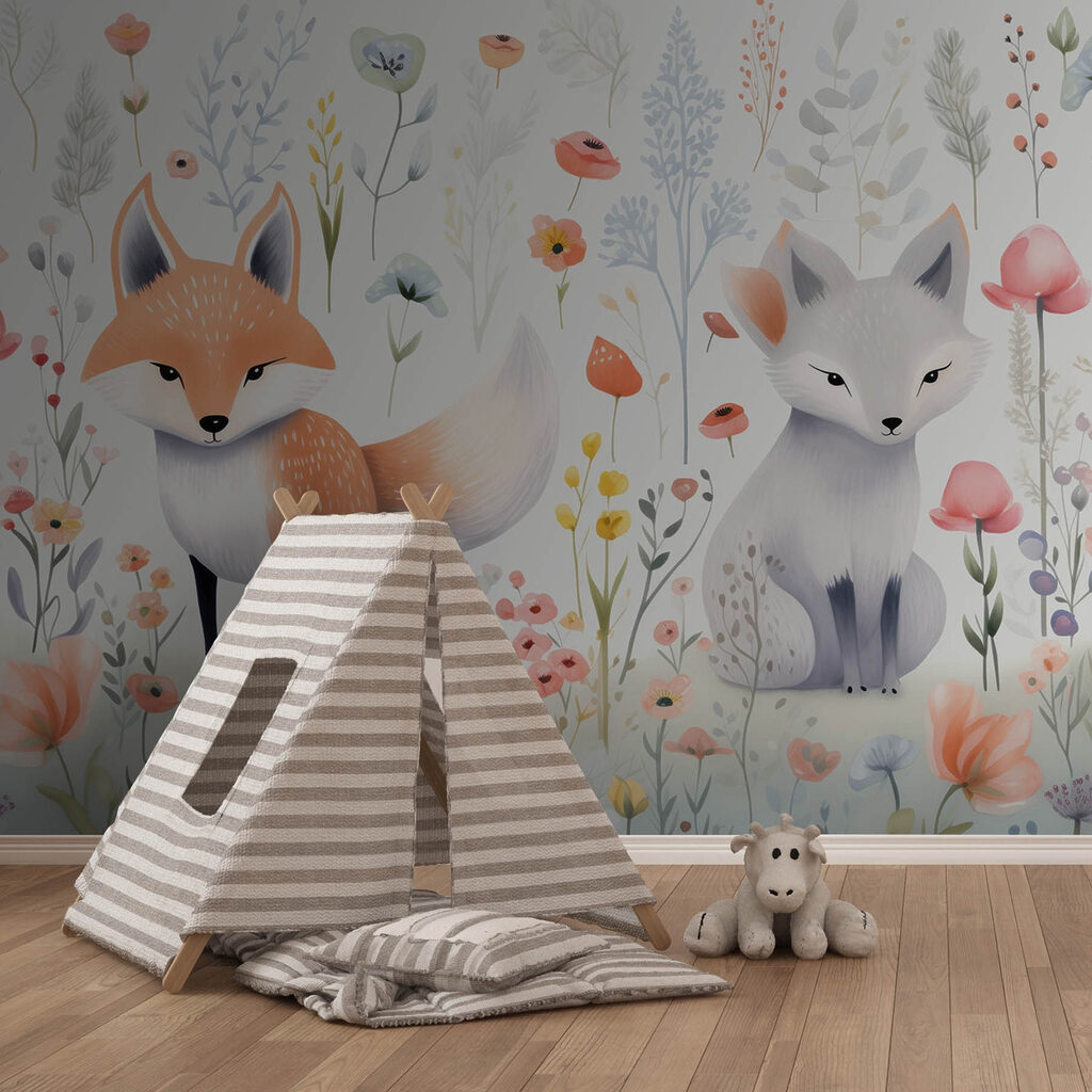 Couple of foxes in a flower garden