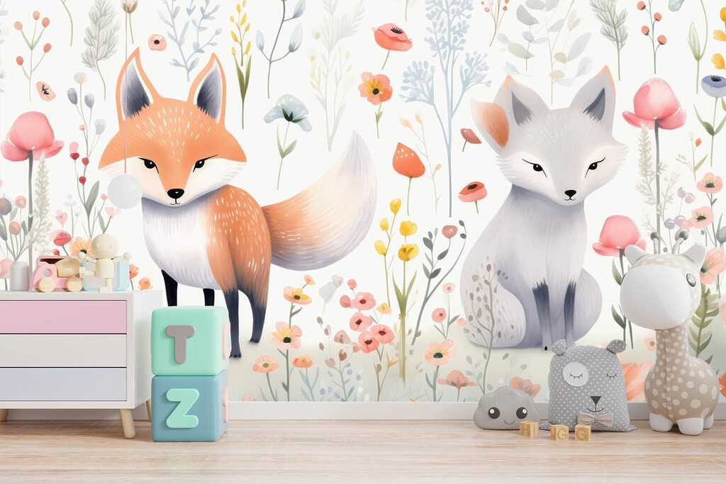 Couple of foxes in a flower garden