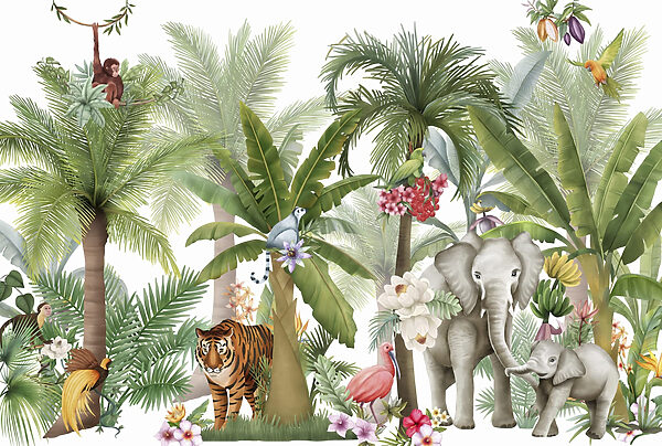 Wallpaper with animals and birds in the jungle