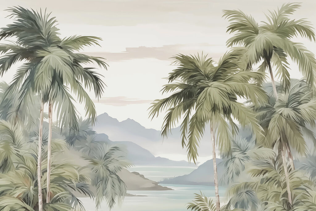Palm trees and mountains in the background